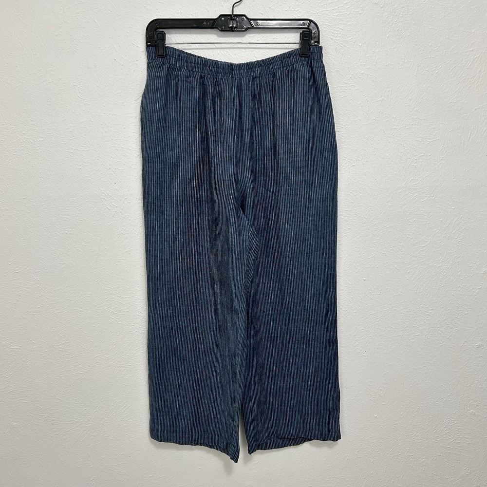 IC By Connie K Blue Striped Cropped Wide Leg Linen Pants Lagenlook Beach Size S